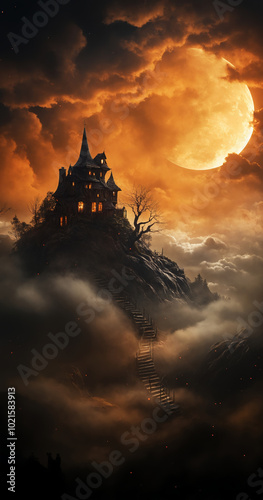 Abandoned castle on top of a mountain during a full moon