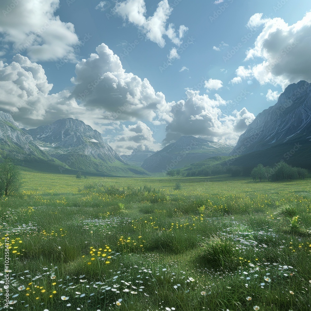 Fototapeta premium A Beautiful Mountain Meadow Landscape Illustration