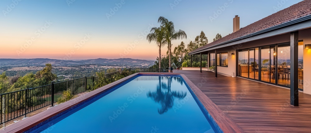 Fototapeta premium Modern house with a pool overlooking a scenic landscape at sunset.