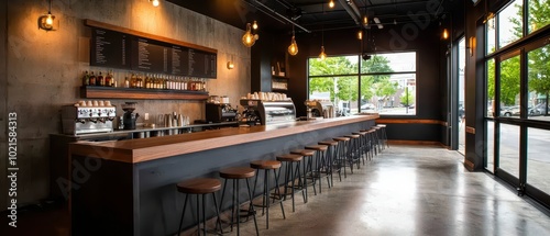 Modern coffee shop interior with a stylish bar, concrete walls, and warm lighting creating a cozy atmosphere.