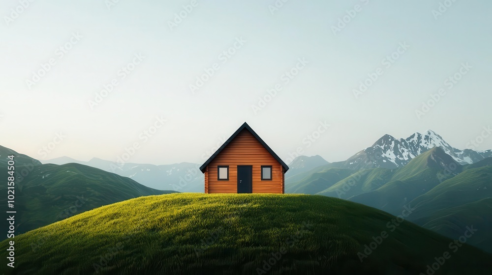 A cozy wooden cabin perched on a mountainside, overlooking a panoramic view of lush green valleys and distant snow-capped peaks, soft sunlight A cozy wooden cabin perched on a mountainside, overlooking a panoramic view of lush green valleys and distant snow-capped peaks, soft sunlight