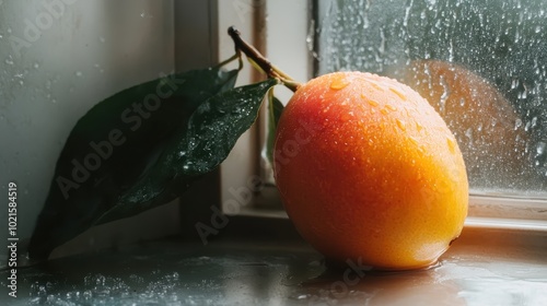 A ripe mango with dewdrops resting on a leaf, placed by a window on a rainy day, creating a serene and refreshing natural composition indoors. photo