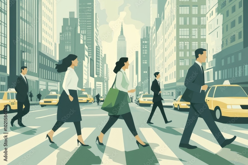 Fototapeta premium business people crossing the street in New York City, wearing work attire, busy city background, wide shot, simple flat colors Generative AI