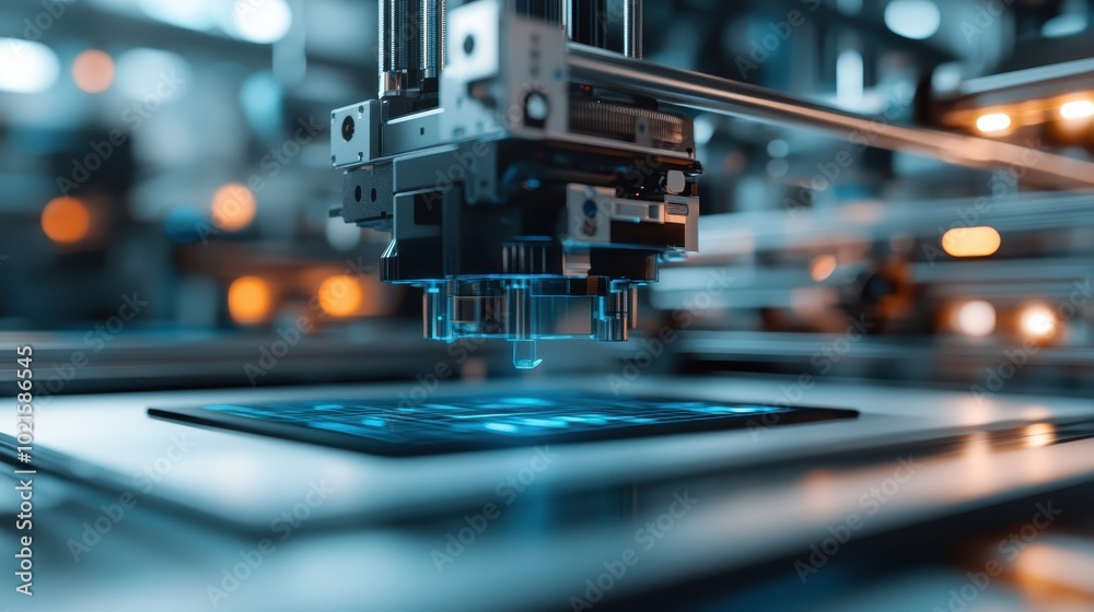 A cutting-edge 3D printer in action, featuring an advanced machine with a luminous blue screen, illustrating the innovation and technology of modern manufacturing processes. A cutting-edge 3D printer in action, featuring an advanced machine with a luminous blue screen, illustrating the innovation and technology of modern manufacturing processes.
