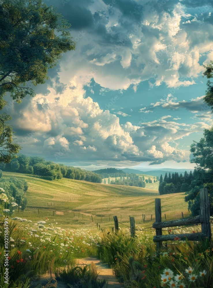 Fototapeta premium Scenic Rural Landscape with Fluffy Clouds
