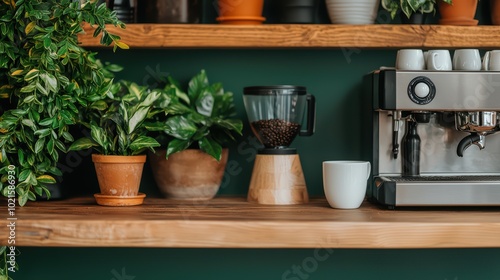 Stylish kitchen shelf featuring coffee machine, grinder, and potted plants against a green backdrop.