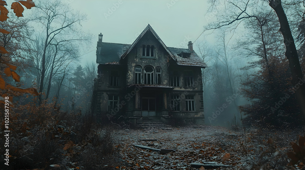 Haunted House in the Woods - Realistic Image. Abandoned and lonely haunted house in the middle of foggy and creepy forest Haunted House in the Woods - Realistic Image. Abandoned and lonely haunted house in the middle of foggy and creepy forest