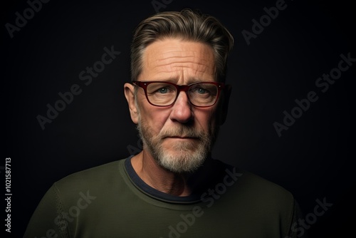 Portrait of a middle-aged man with a beard and glasses on a dark background.