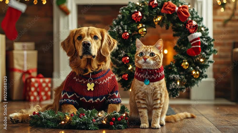 Festive pet-themed Christmas wreath, with a dog in a sweater and a cat in a scarf, in a cozy holiday home setting. Christmas, New Year Festive pet-themed Christmas wreath, with a dog in a sweater and a cat in a scarf, in a cozy holiday home setting. Christmas, New Year