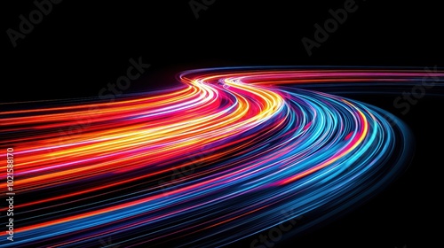 Vibrant light trails in motion against a black background, creating a dynamic and energetic visual effect.