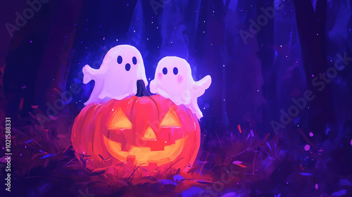 Cute and friendly ghosts flying around a pumpkin, Halloween celebration, in purple tones.