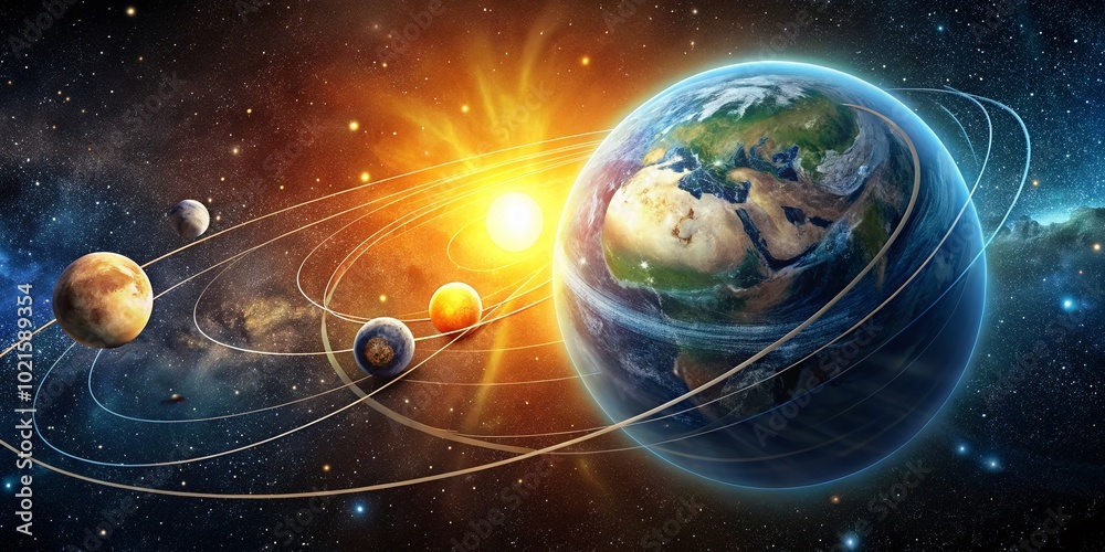 Naklejka premium The Earth's Revolution Around the Sun Depicted with Celestial Bodies and Orbital Paths in Space