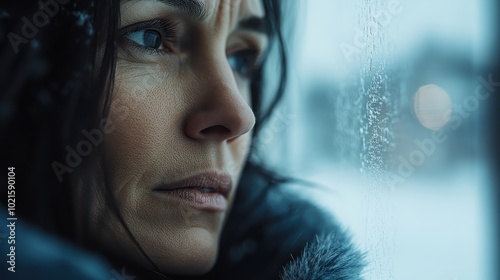 A woman peers through an icy window, her face showcasing an inquisitive and thoughtful expression, hinting at curiosity and contemplation amid winter's chill.