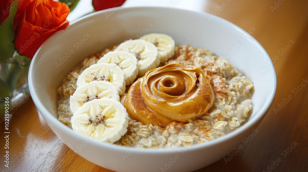 A bowl of oatmeal with banana slices, peanut butter, and cinnamon. A bowl of oatmeal with banana slices, peanut butter, and cinnamon.