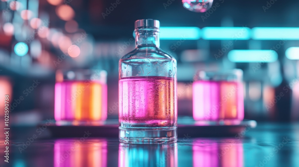 A glass bottle filled with colorful liquid is placed under vibrant neon lighting, creating a captivating visual form with a modern, energetic bar ambiance. A glass bottle filled with colorful liquid is placed under vibrant neon lighting, creating a captivating visual form with a modern, energetic bar ambiance.