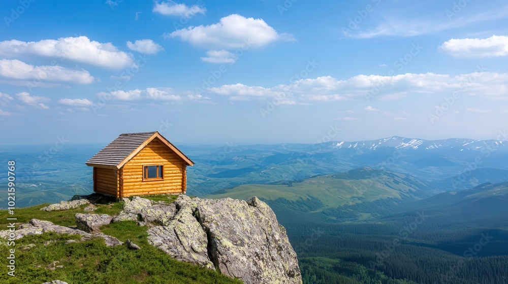 A wooden cabin built on a rocky mountain ledge, providing a panoramic view of lush green valleys and distant snow-capped mountains, bright sunlight A wooden cabin built on a rocky mountain ledge, providing a panoramic view of lush green valleys and distant snow-capped mountains, bright sunlight