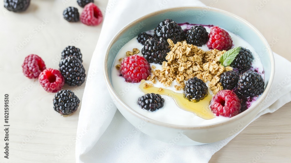 A bowl of yogurt with granola, blackberries, raspberries, and honey on a white napkin. A bowl of yogurt with granola, blackberries, raspberries, and honey on a white napkin.