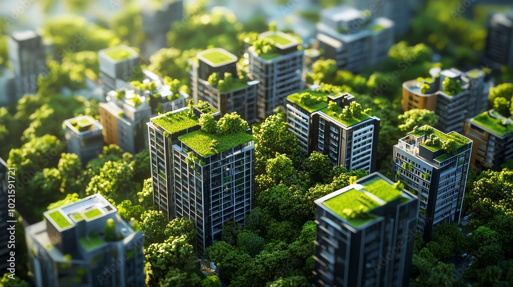 Obraz premium Aerial view of modern city building with green space.