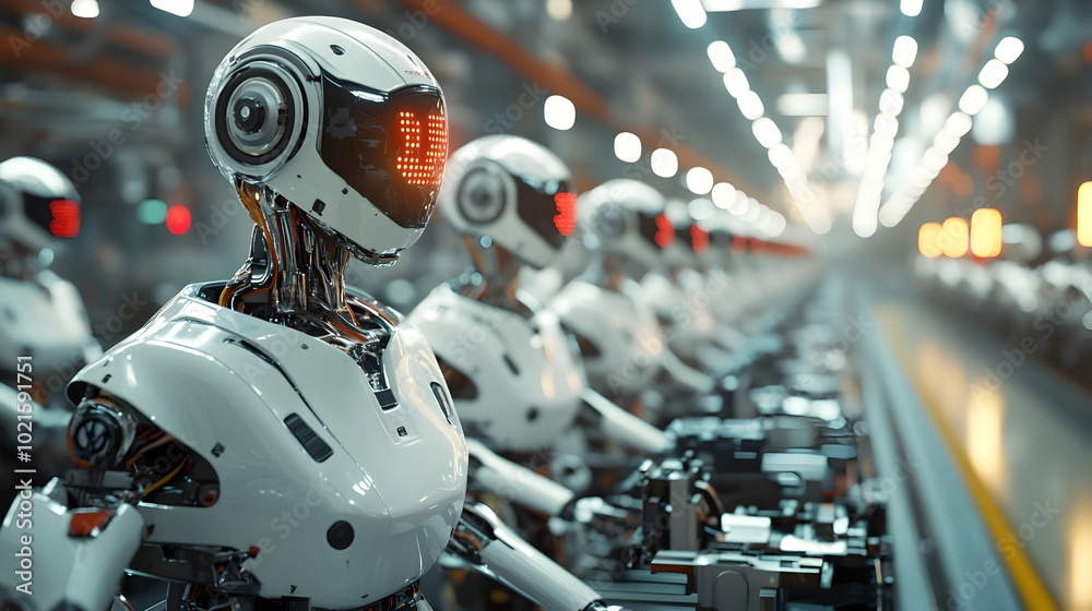 3D Illustration of Robots on an Assembly Line 3D Illustration of Robots on an Assembly Line