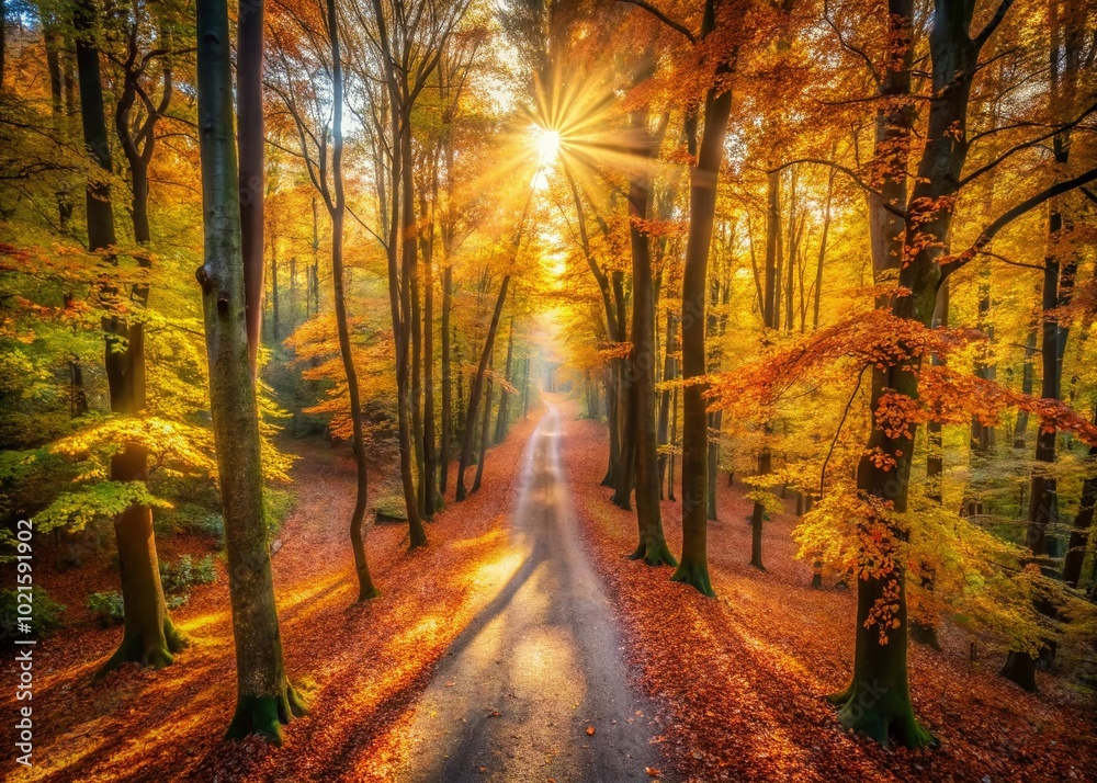 Obraz premium Tranquil Forest Pathway Covered in Autumn Leaves with Sunlight Streaming Through the Trees