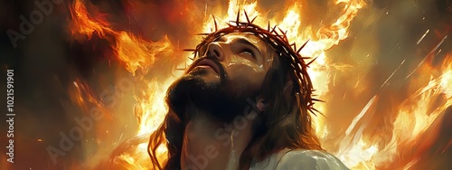 Jesus with a crown of thorns, looking up to heaven, wearing a white robe, with brown hair and a beard
