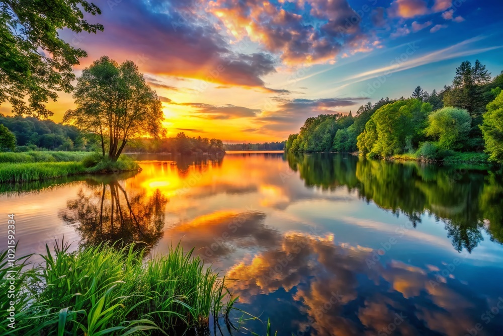 Tranquil landscape featuring serene lake, lush trees, and vibrant sunset reflecting on water surface Tranquil landscape featuring serene lake, lush trees, and vibrant sunset reflecting on water surface
