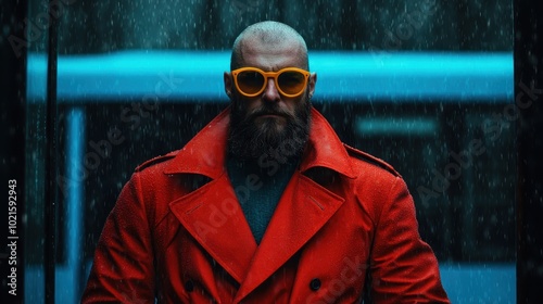 A person in a striking orange coat and yellow glasses makes a bold statement while standing in the rain, embodying confidence, style, and vibrant fashion choices.