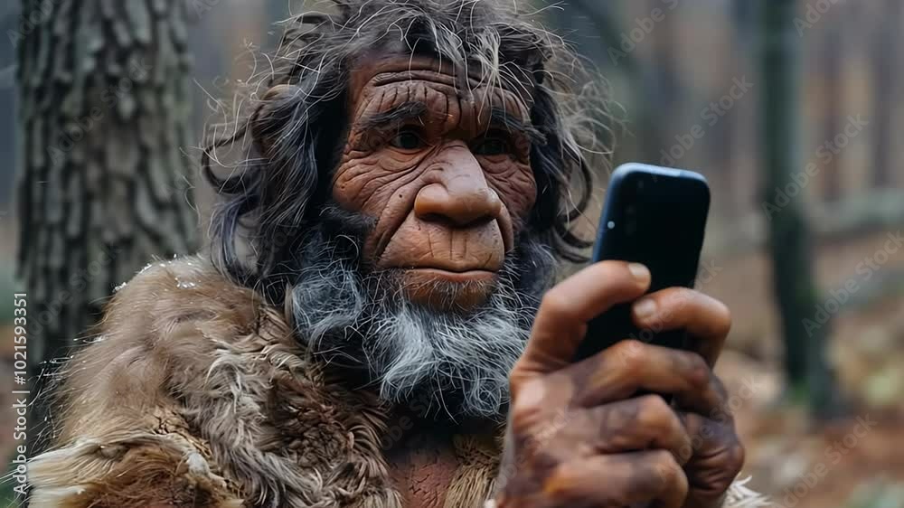 A Neanderthal stands in the woods, curiously examining a modern ...