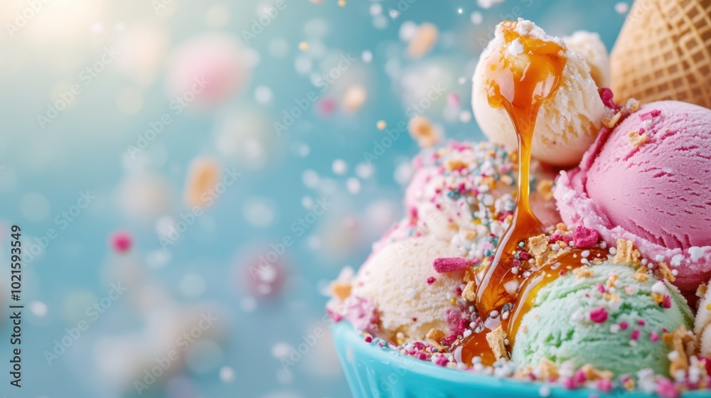 A delightful bowl of assorted ice cream scoops, adorned with vibrant sprinkles and caramel sauce, showcasing a perfect summer treat in a whimsical display of sweetness. A delightful bowl of assorted ice cream scoops, adorned with vibrant sprinkles and caramel sauce, showcasing a perfect summer treat in a whimsical display of sweetness.