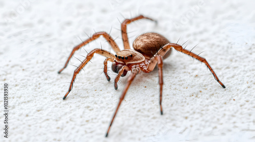 Close-up of a brown spider on a white surface, showcasing its detailed features and natural texture, in a minimalistic composition. photo