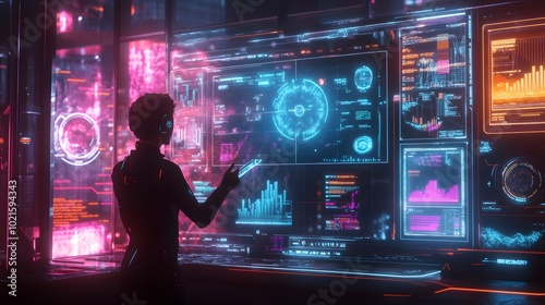A futuristic scene featuring a silhouette interacting with vibrant, glowing screens displaying data and graphs in a high-tech environment.