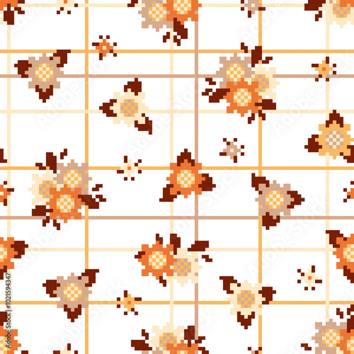 Seamless pixelated orange autumn flowers on a white background, perfect for kitchen textile design, home decor projects, nature-inspired elements for a modern look