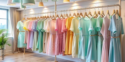 Trendy Pastel Outfits Displayed on Hangers in a Stylish Boutique for Fashion Enthusiasts