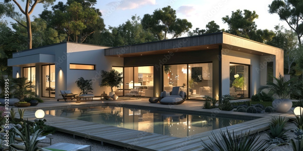 Fototapeta premium Modern Villa by the Pool at Sunset