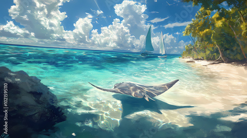 Stingray gliding gracefully through the crystal-clear waters of mooreas enchanting lagoon. Crystal-Clear Lagoon. Illustration