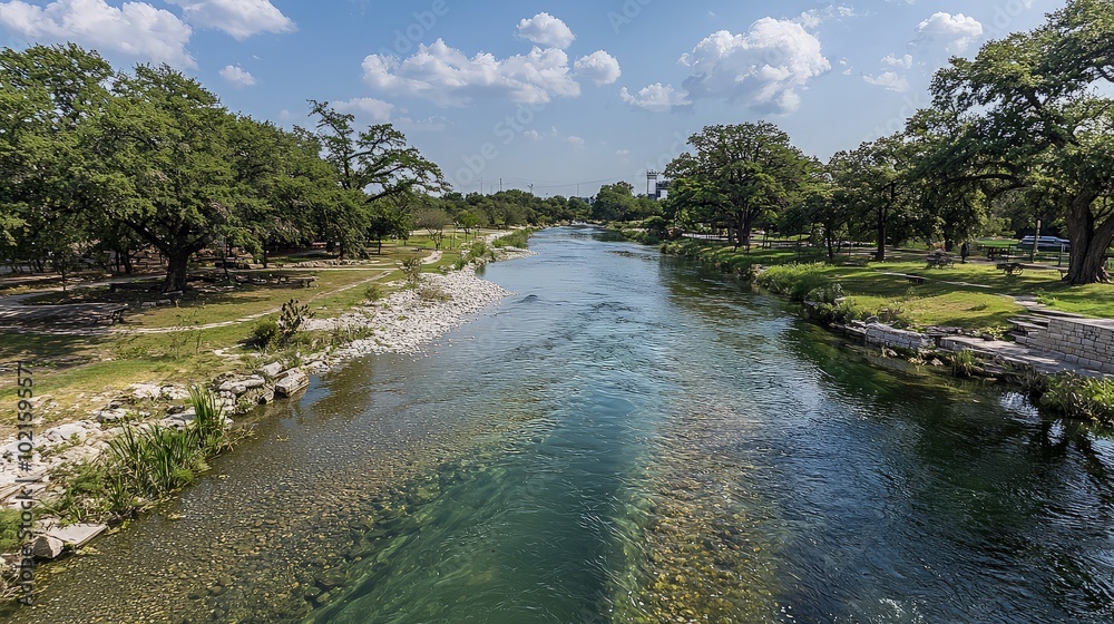 A clear, flowing river winds through a park with lush green trees and a bright blue sky. A clear, flowing river winds through a park with lush green trees and a bright blue sky.
