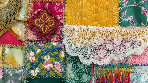 A close-up of a colorful patchwork quilt with different textures and patterns, including lace, embroidery, and quilting. photo