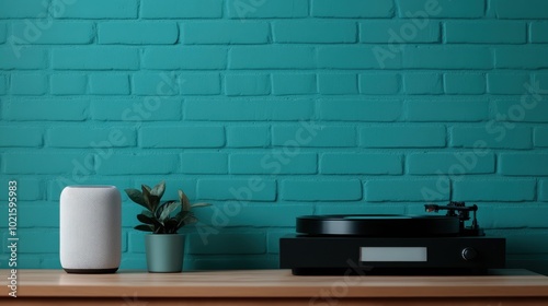 A white smart speaker is placed next to a green potted plant and a sleek turntable on a wooden desk, with a teal brick wall as the aesthetically pleasing background. photo