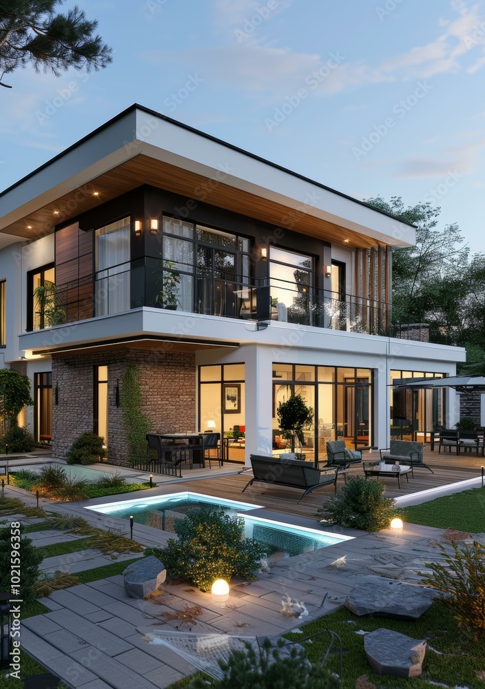 Modern House Exterior with Backyard Pool Area Illustration Modern House Exterior with Backyard Pool Area Illustration
