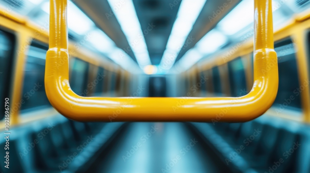 The yellow handrail stands out in an otherwise empty subway train, signifying a moment of stillness and anticipation in an urban commuting environment. The yellow handrail stands out in an otherwise empty subway train, signifying a moment of stillness and anticipation in an urban commuting environment.