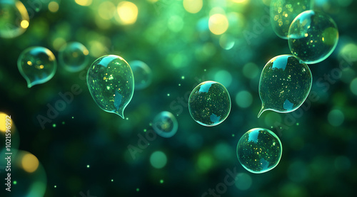 3D illustration of multiple green speech bubbles floating in the air, with a bokeh background.