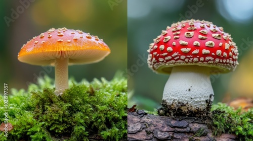 Two Vibrant Mushrooms in a Forest Setting, AI