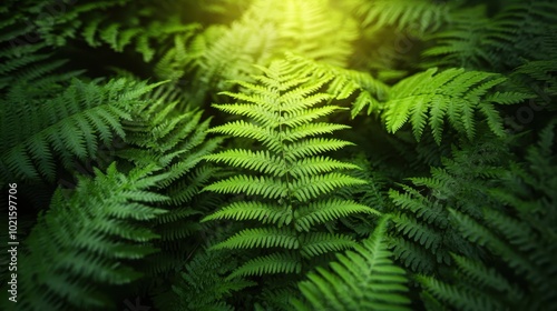 A detailed close-up of a sunlit fern in a lush forest, with layers of green leaves creating a textured tapestry, epitomizing the essence of vibrant growth. photo