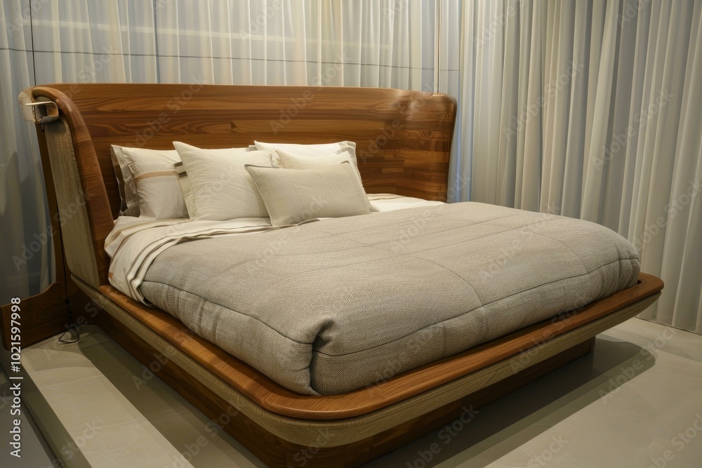 King size bed featuring a natural wood frame is illuminated by warm lighting in this minimalist bedroom design King size bed featuring a natural wood frame is illuminated by warm lighting in this minimalist bedroom design