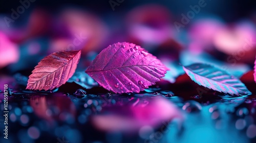 A vivid display of pink and blue leaves adorned with glistening water droplets, reflecting light and exhibiting a dreamy, ethereal quality in their appearance. photo