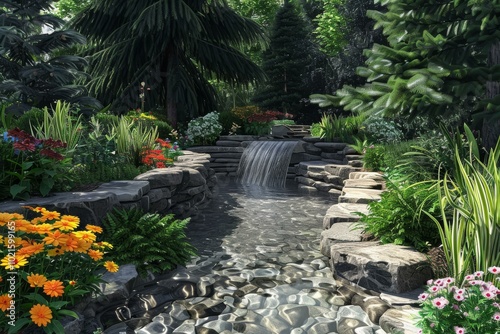 Beautiful Garden with Waterfall and Flowers