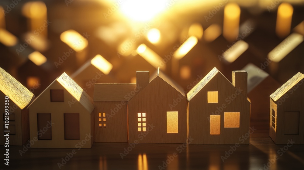 A collection of wooden model houses illuminated by warm sunset light.