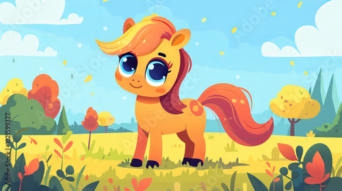 Cute Cartoon Pony with Colorful Mane in a Vibrant Autumn Landscape Concept of Happy Animals, Children's Illustration, Vibrant Nature, little horse