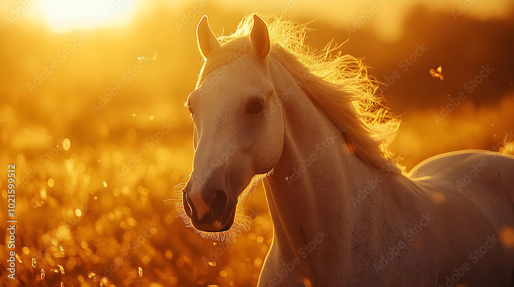 Fototapeta premium White Horse in Golden Sunset Light - Photograph