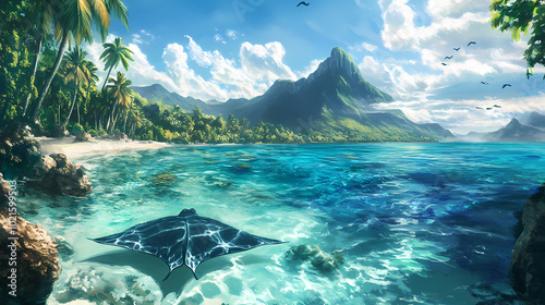 Stingray gliding gracefully through the crystal-clear waters of mooreas enchanting lagoon. Crystal-Clear Lagoon. Illustration